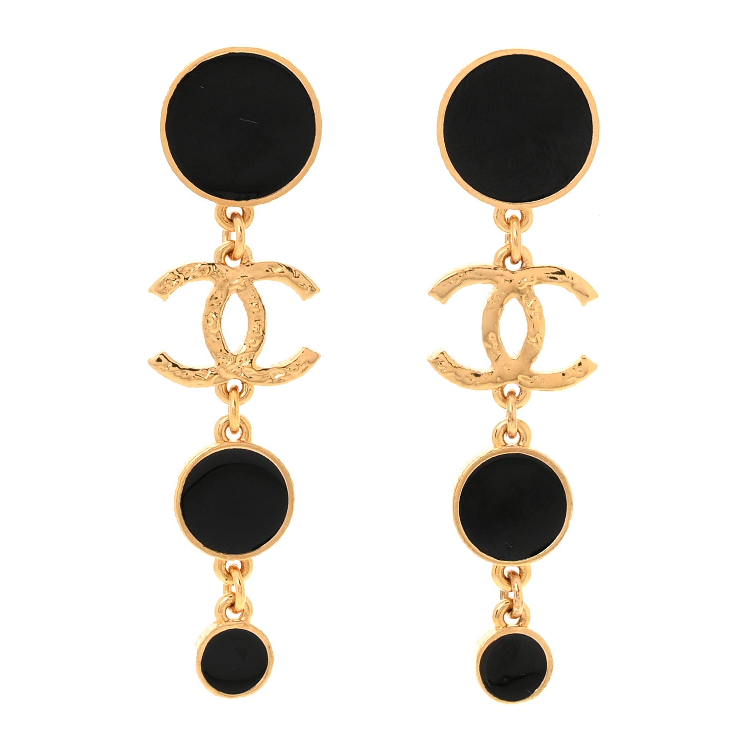Metal Resin Disc CC Long Drop Earrings Gold Black