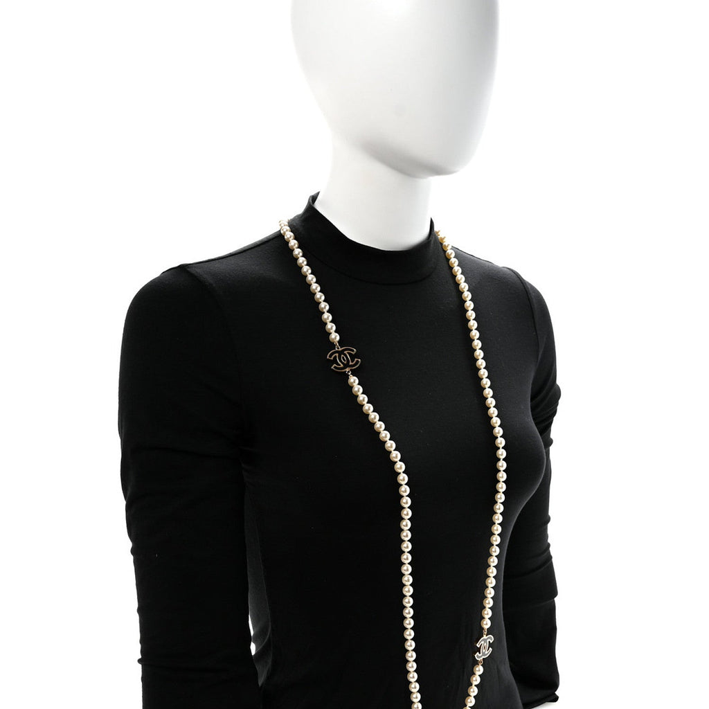 Pearl Beaded Resin CC Long Necklace Black Gold