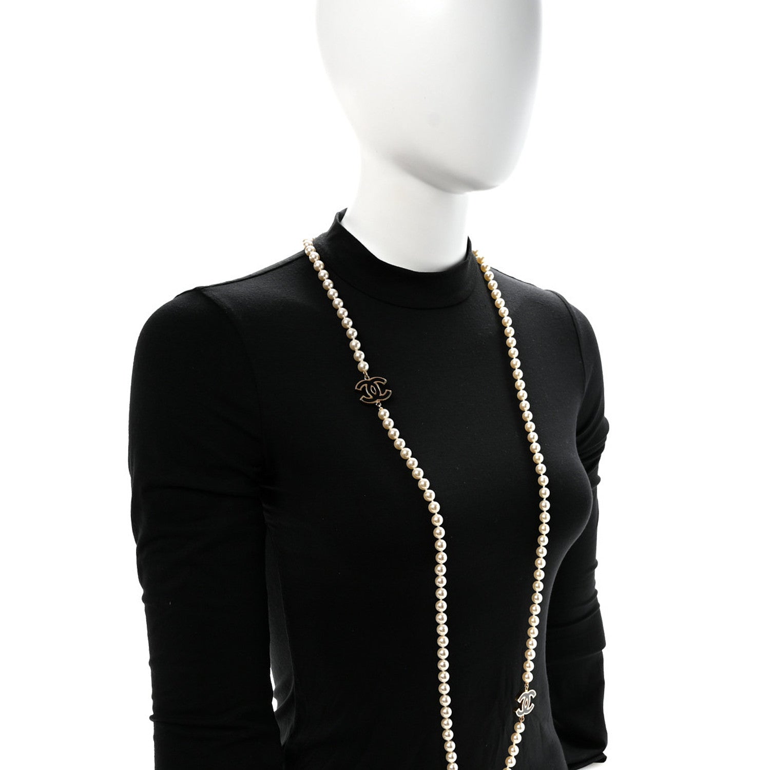 Pearl Beaded Resin CC Long Necklace Black Gold