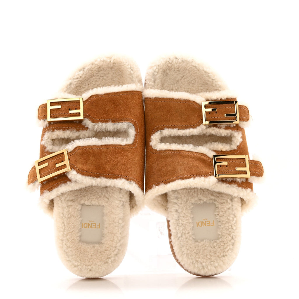 Suede Shearling Fendi Feel Buckled Slide Sandals 40 Beige Latte
