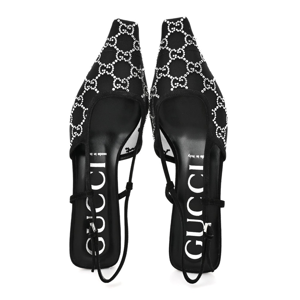 Tela Retino Kid Scamosciato Crystal GG Monogram Square G 35mm Slingback Pumps 38.5 Black