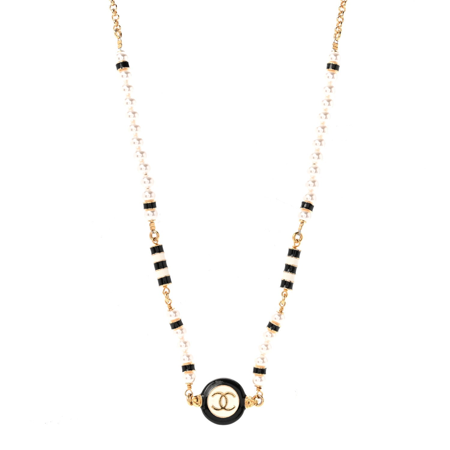 Metal Enamel Pearl CC Necklace Gold Black White
