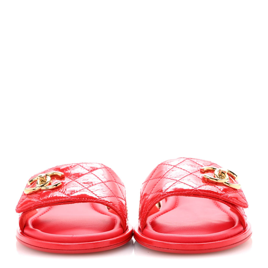Patent Goatskin Quilted CC Sandals 38 Dark Pink