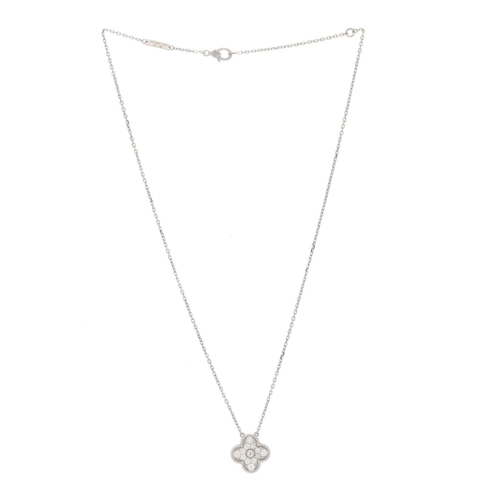 18K White Gold Diamond Vintage Alhambra Pendant Necklace