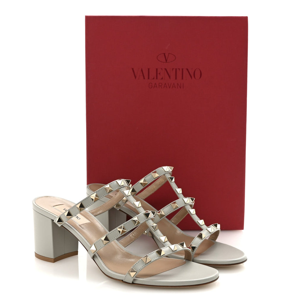 Calfskin Rockstud 60mm Caged Slide Sandals 40 Opal Grey