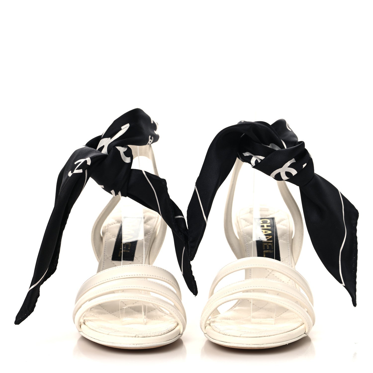 Lambskin Silk CC Wrap Ankle Sandals 38 White Black