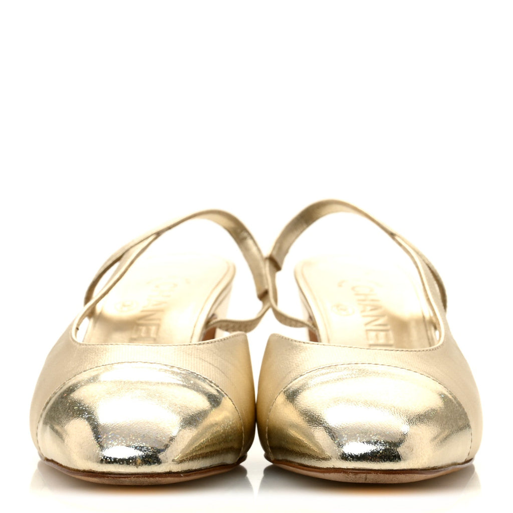 Metallic Calfskin Grosgrain Cap Toe CC Slingback Sandals 36 Gold