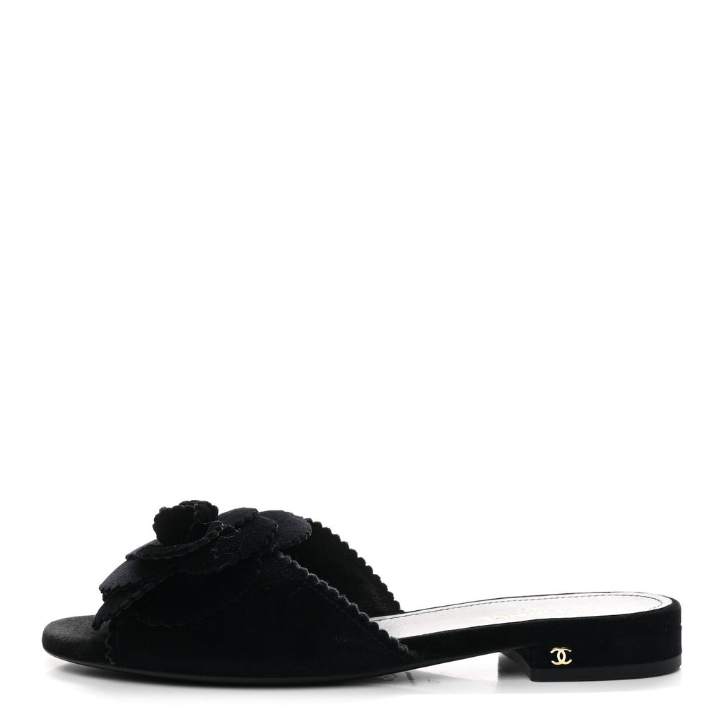 Velvet Pearl Camellia Slide Sandals 37 Black