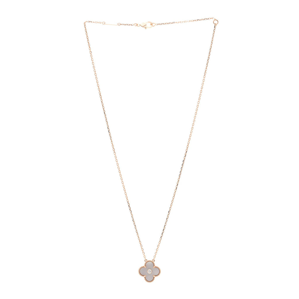18K Rose Gold Diamond Pink Mother of Pearl Vintage Alhambra Pendant Necklace