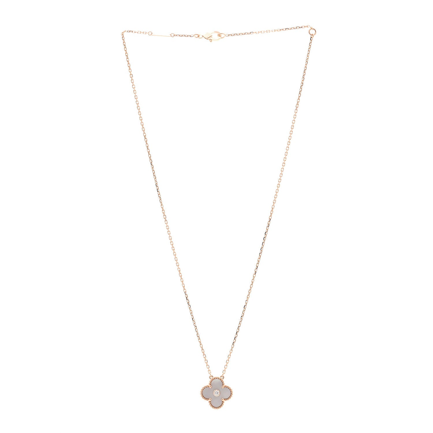 18K Rose Gold Diamond Pink Mother of Pearl Vintage Alhambra Pendant Necklace