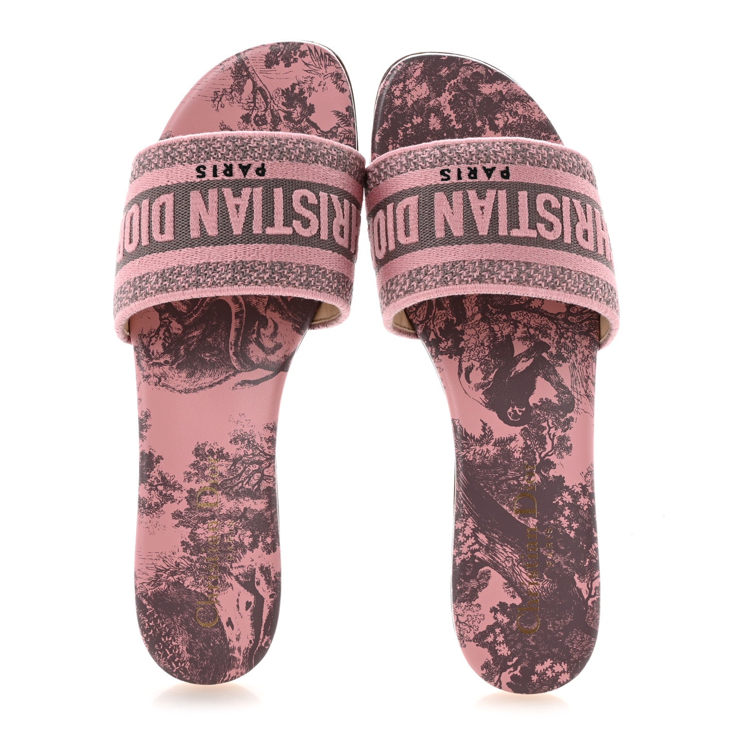 Canvas Toile De Jouy Embroidered Dway Flat Slide Sandals 37.5 Chateau Rose
