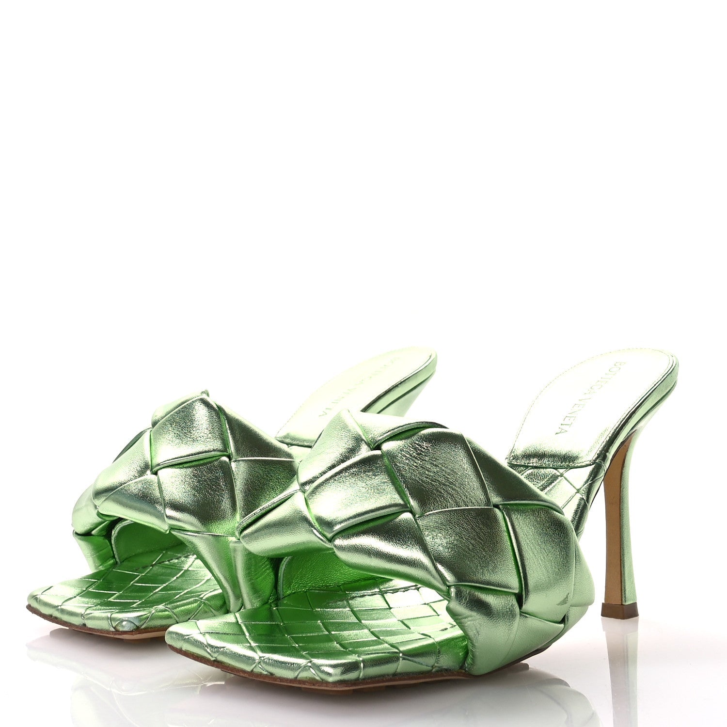 Metallic Nappa Maxi Intrecciato Lido 90mm Mule Sandals 38 Pistachio