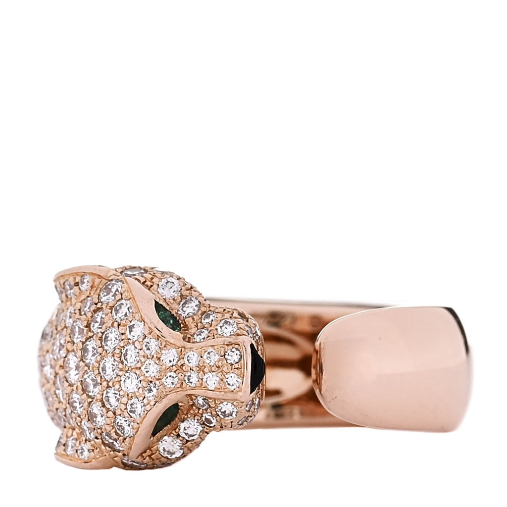 18K Pink Gold Diamond Emerald Onyx Panthere De Cartier Ring 51 5.75