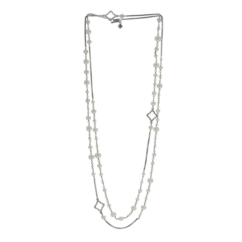 Sterling Silver Cultured Pearl Quatrefoil Long Chain Necklace