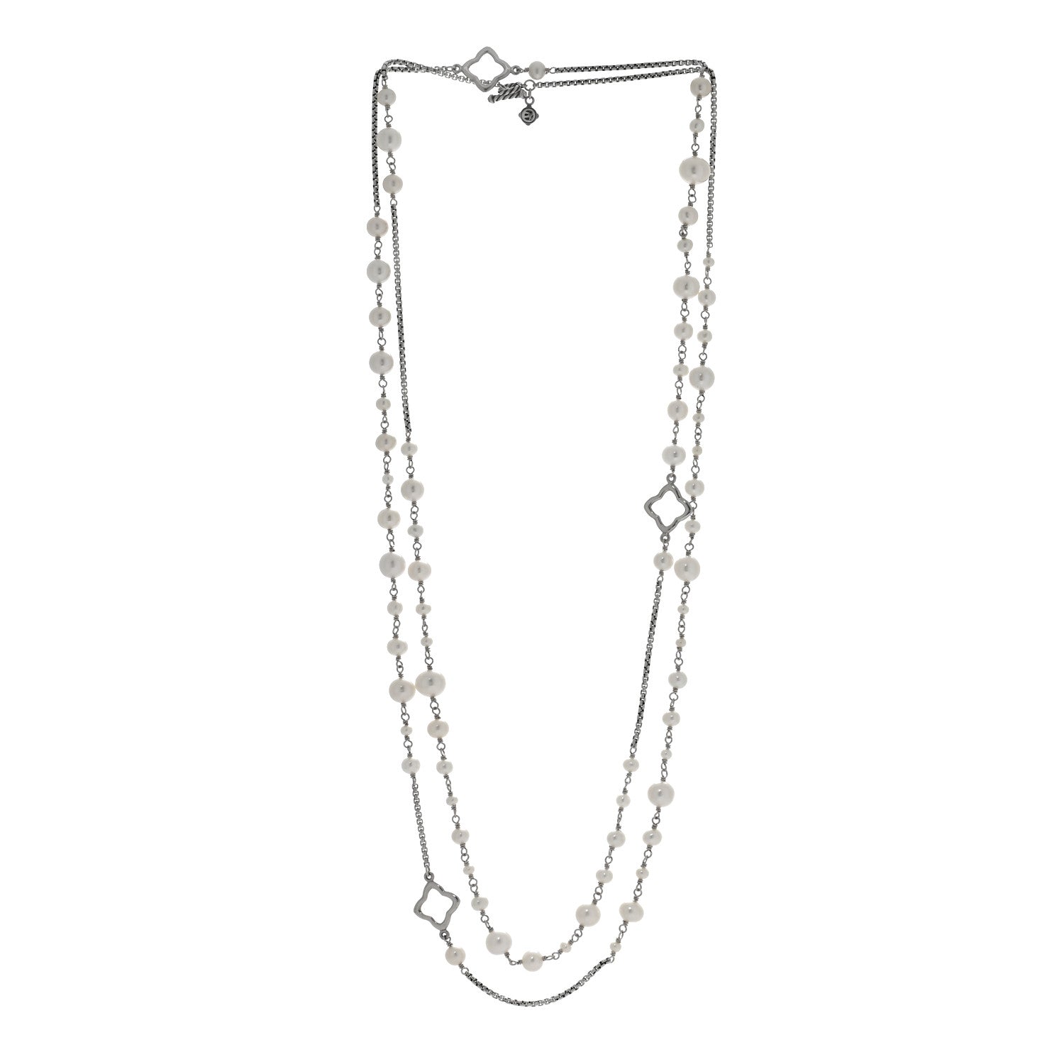 Sterling Silver Cultured Pearl Quatrefoil Long Chain Necklace
