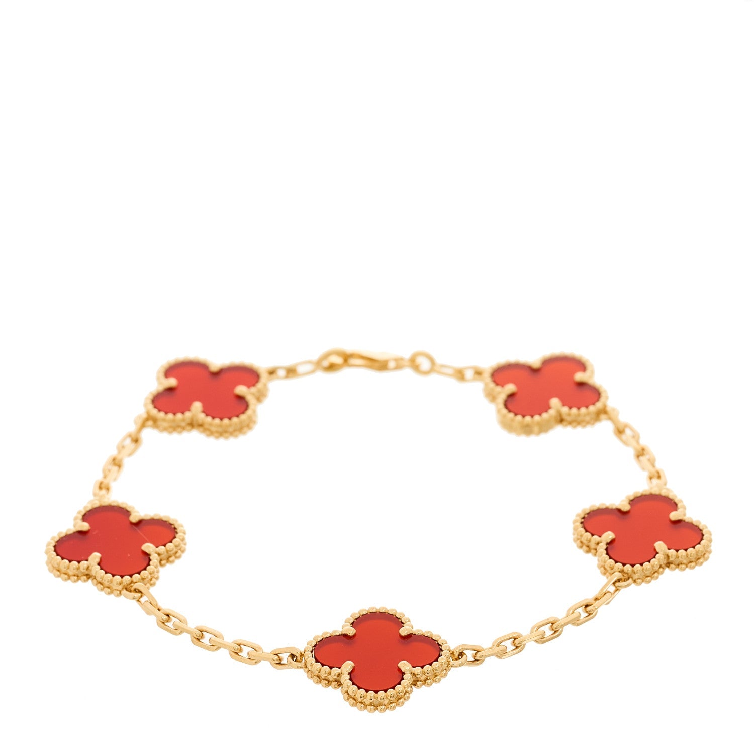 18K Yellow Gold Carnelian 5 Motifs Vintage Alhambra Bracelet