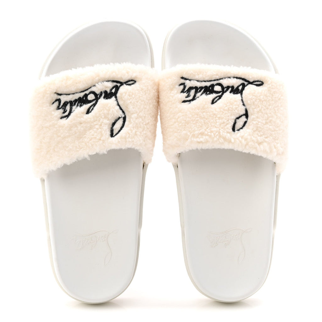 Faux Shearling Embroidered Pool Donna Flat Slide Sandals 36.5 White