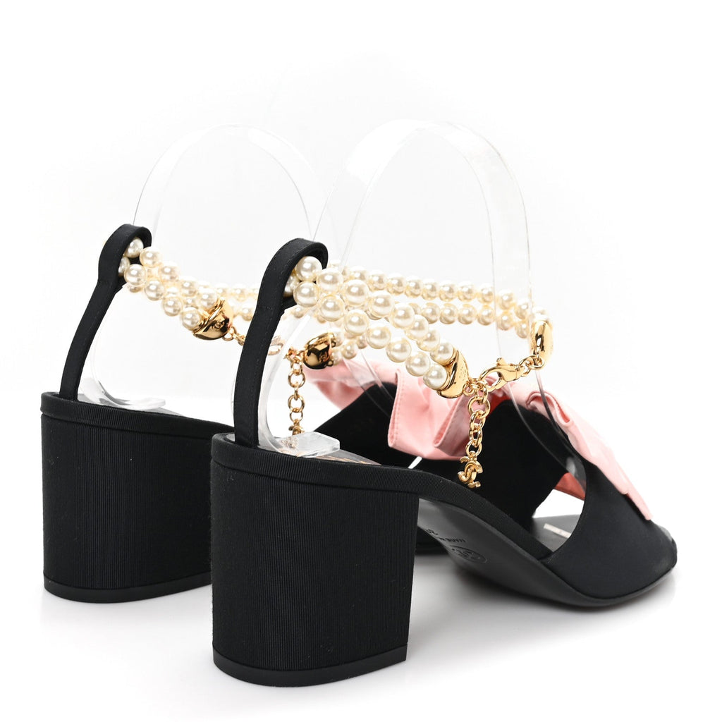 Silk Pearl Ankle Strap Sandals 38 Black Light Pink