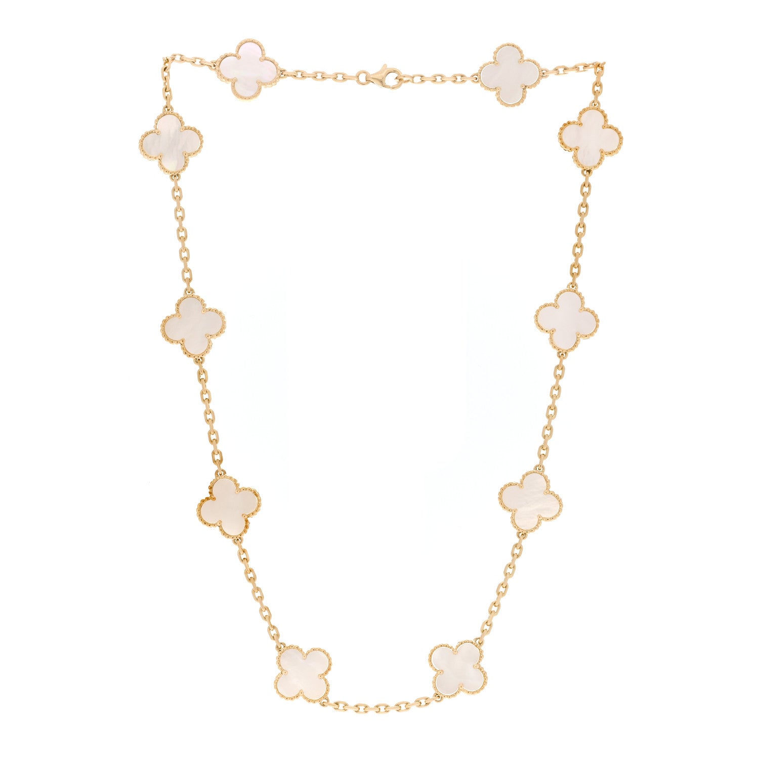 18K Yellow Gold Mother of Pearl 10 Motifs Vintage Alhambra Necklace