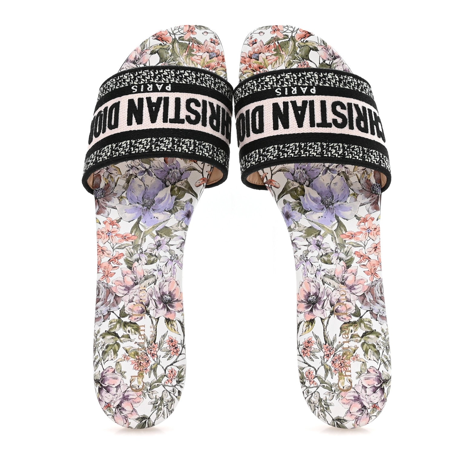 Canvas Embroidered D-Floral Dway Mules Slide Sandals 39.5 Off White Multicolor