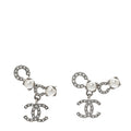 Metal Crystal Pearl Coco CC Earrings Silver