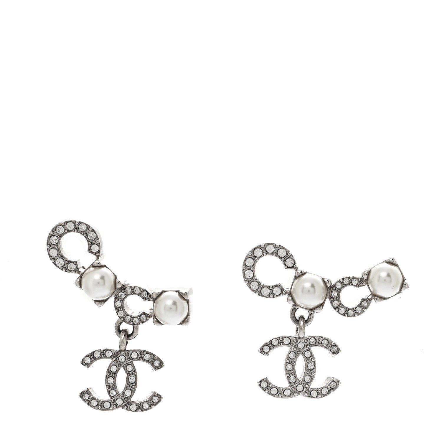 Metal Crystal Pearl Coco CC Earrings Silver