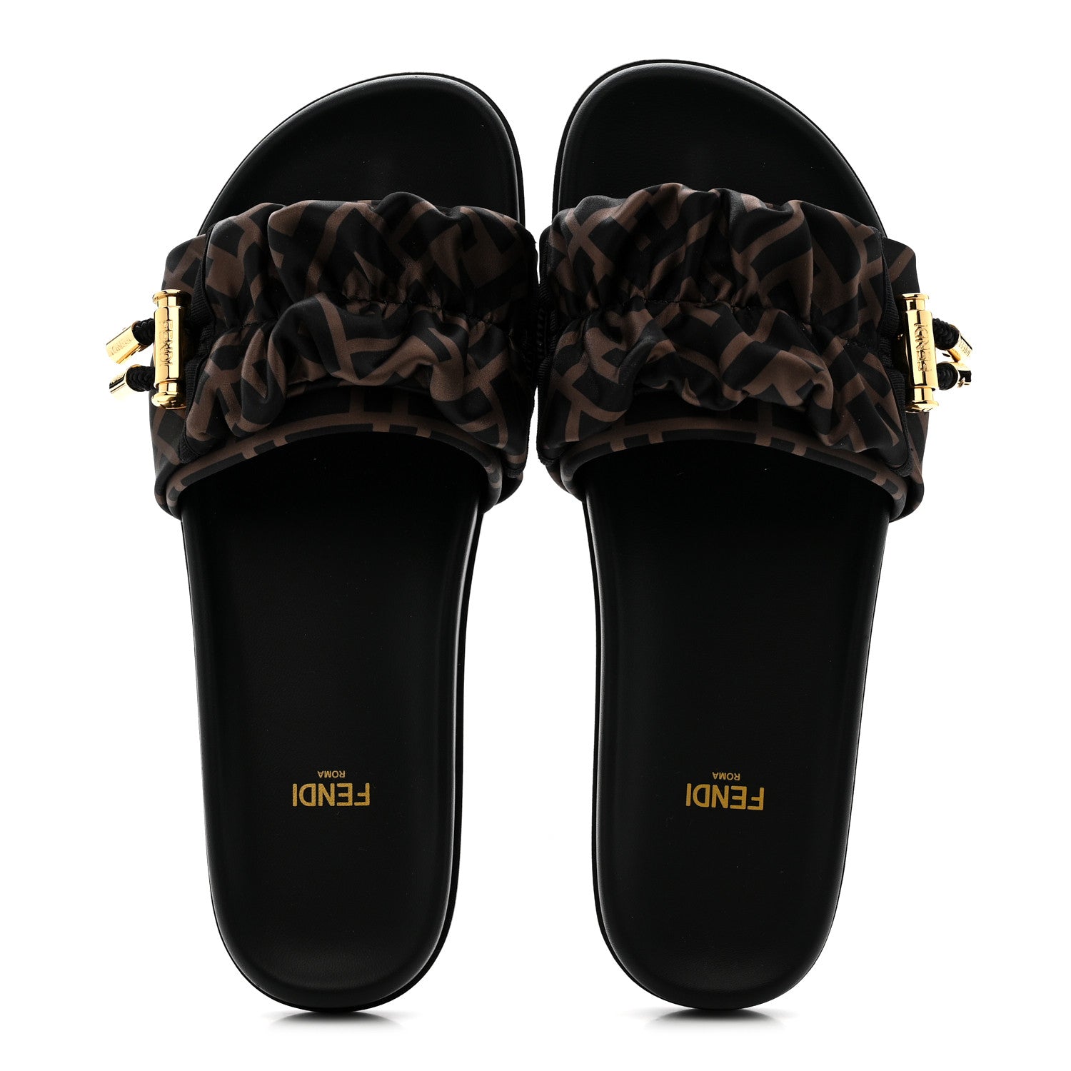 Satin FF Fendi Feel Slide Sandals 38 Tobacco Black