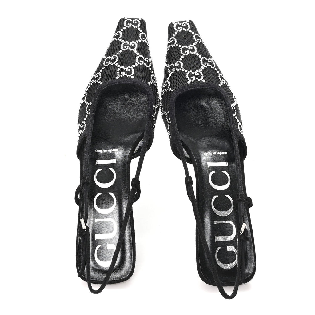 Tela Retino Kid Scamosciato Crystal GG Monogram Square G 35mm Slingback Pumps 37.5 Black