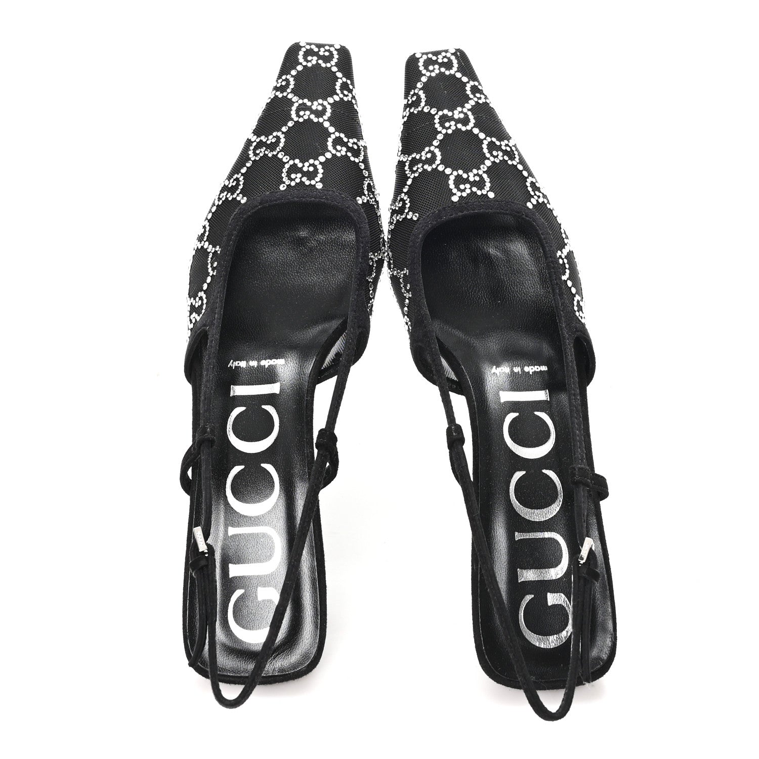 Tela Retino Kid Scamosciato Crystal GG Monogram Square G 35mm Slingback Pumps 37.5 Black