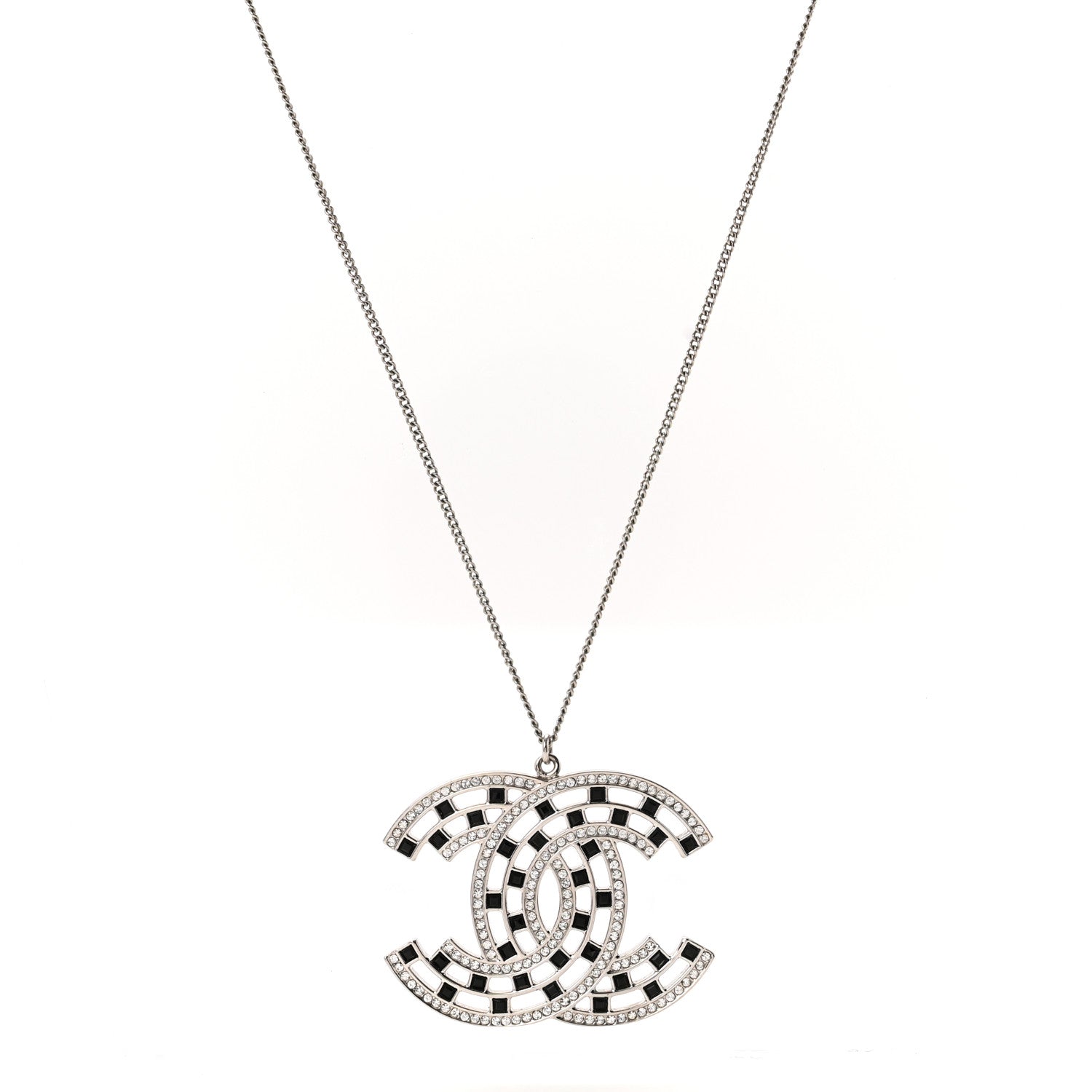 Baguette Crystal Large CC Necklace Silver Black