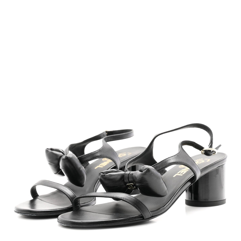 Lambskin CC Bow 55mm Sandals 38.5 Black