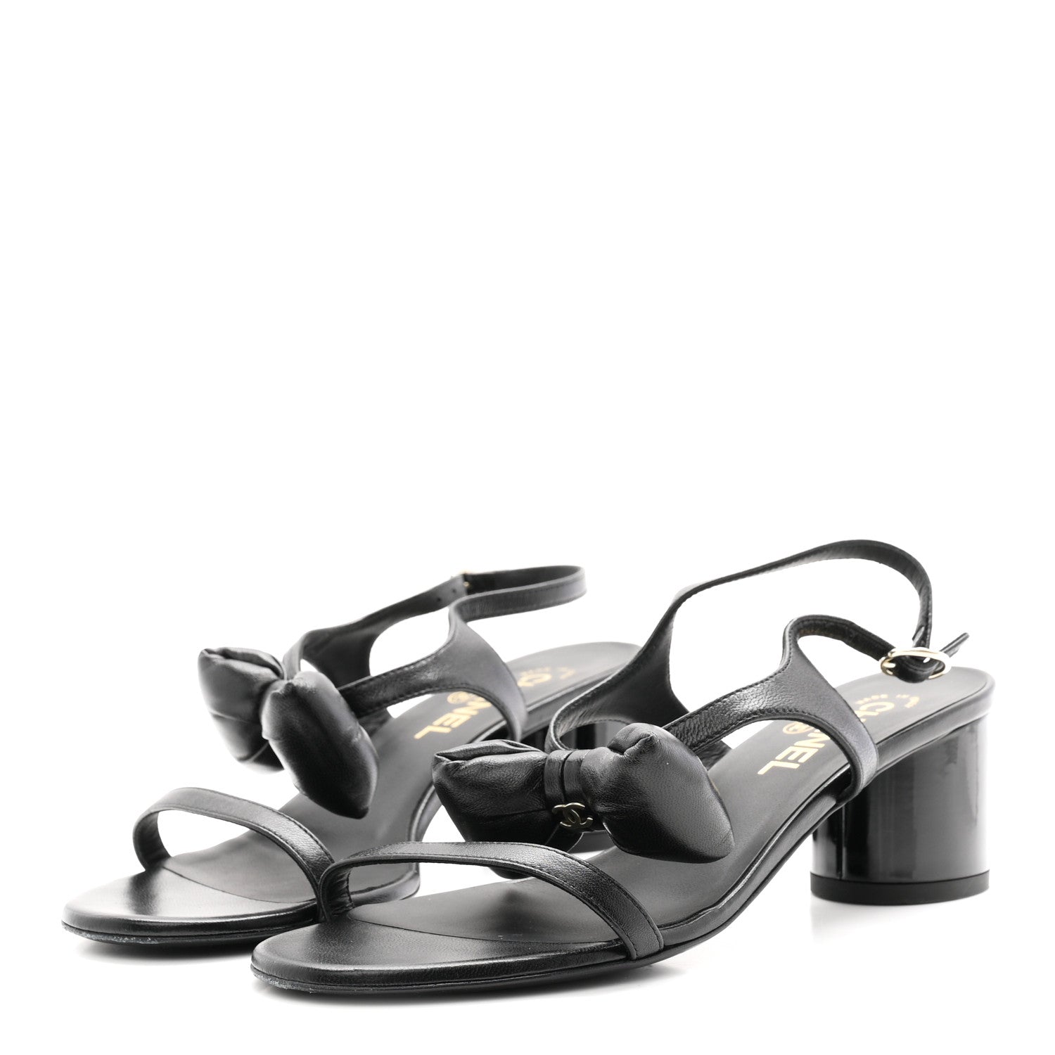 Lambskin CC Bow 55mm Sandals 38.5 Black