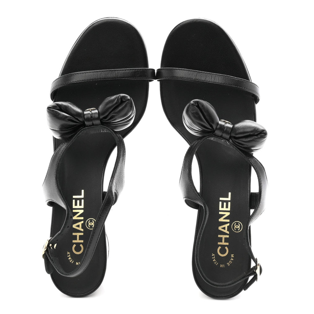 Lambskin CC Bow 55mm Sandals 38.5 Black