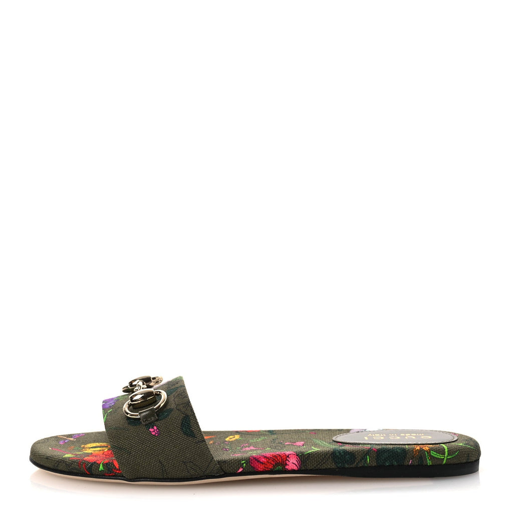 Canvas Flora Floral Horsebit Slide Sandals 36 Green