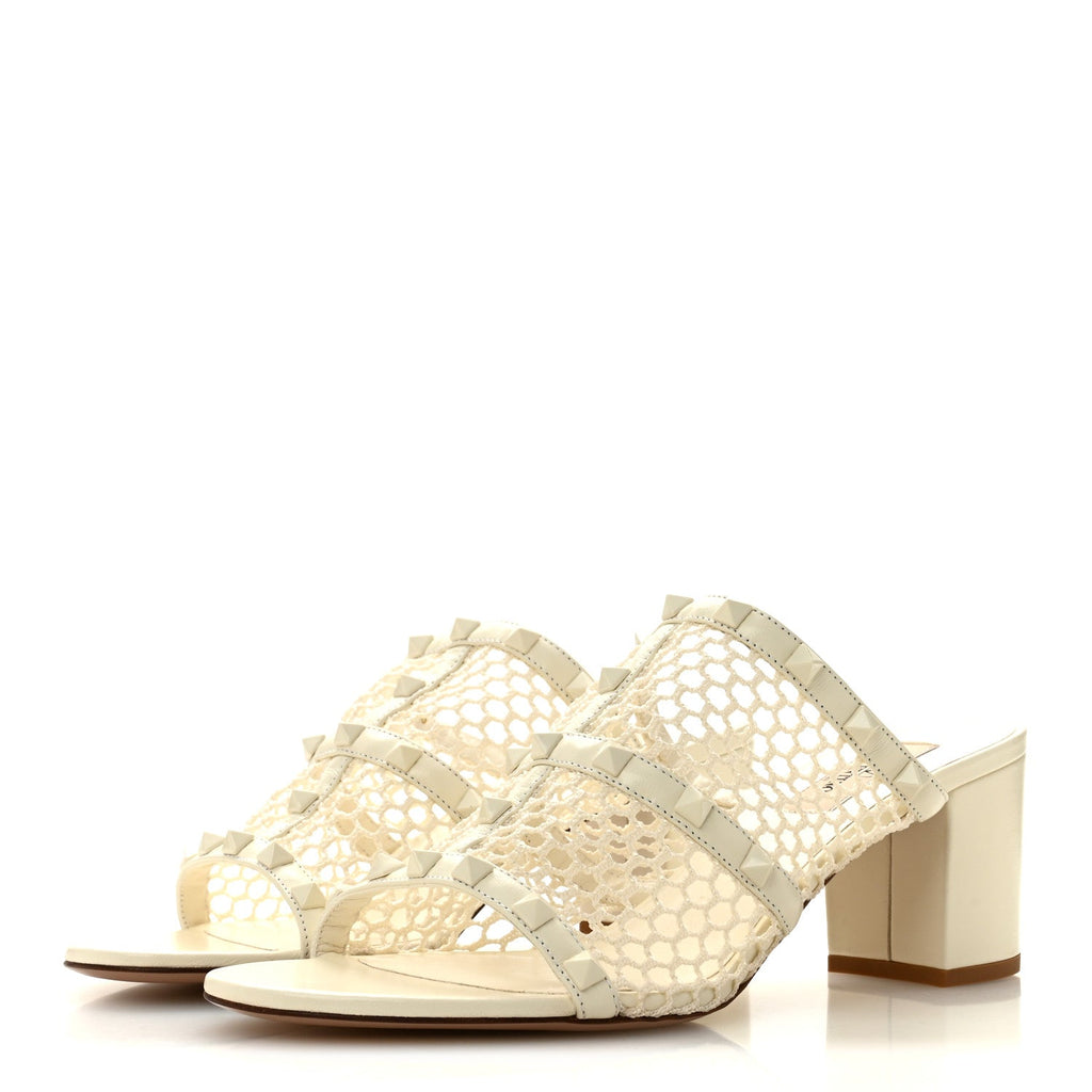 Calfskin Mesh Rockstud 60mm Caged Slide Sandals 40 Ivory