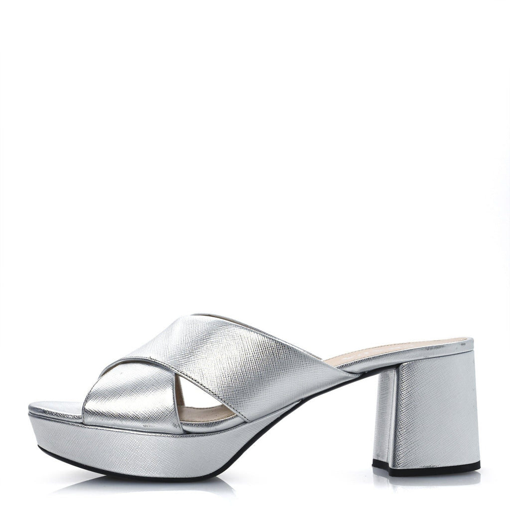 Metallic Saffiano Crisscross Platform Sandals 41 Silver