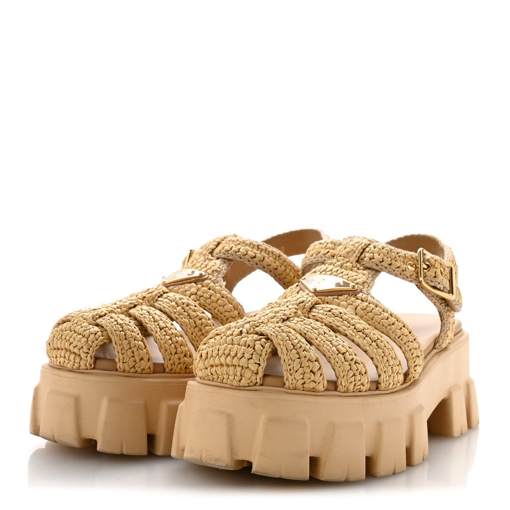 Yarn Raffia Effect Metal Triangle Logo Crochet Monolith 55mm Cage Sandals 38 Naturale
