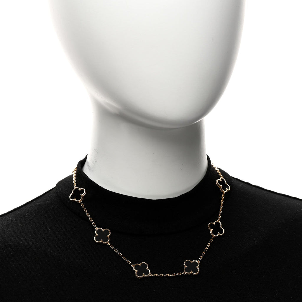 18K Yellow Gold Black Onyx 10 Motifs Vintage Alhambra Necklace