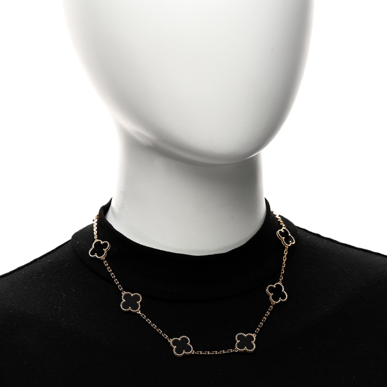 18K Yellow Gold Black Onyx 10 Motifs Vintage Alhambra Necklace