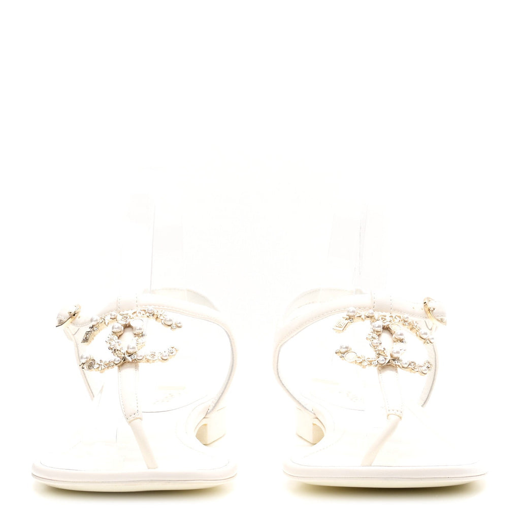 Lambskin Pearl Crystal CC Thong Sandals 39 White