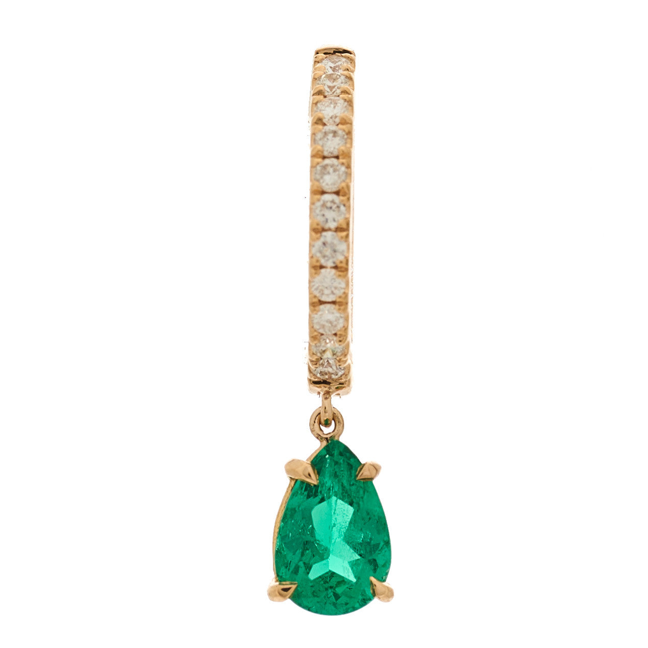 18K Rose Gold Diamond Emerald Pear Drop Huggie Single Earring