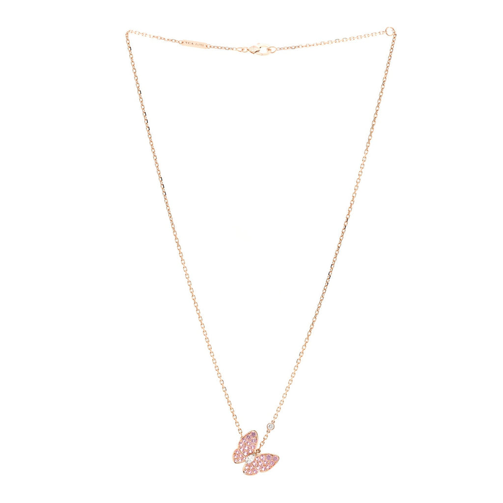 18K Rose Gold Diamond Pink Sapphire Two Butterfly Pendant Necklace