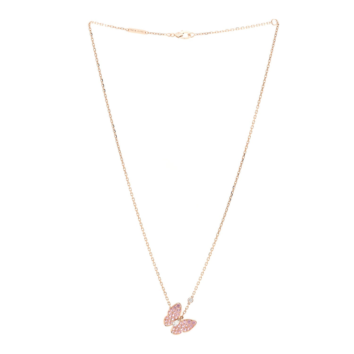 18K Rose Gold Diamond Pink Sapphire Two Butterfly Pendant Necklace