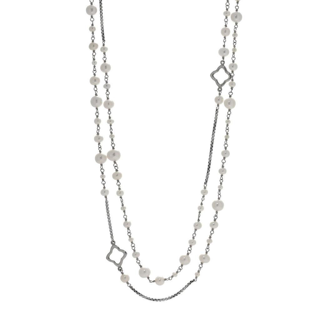 Sterling Silver Cultured Pearl Quatrefoil Long Chain Necklace