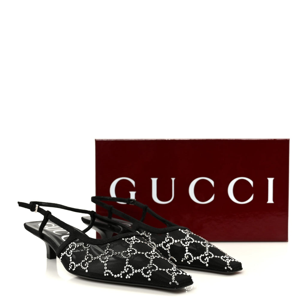 Tela Retino Kid Scamosciato Crystal GG Monogram Square G 35mm Slingback Pumps 39 Black