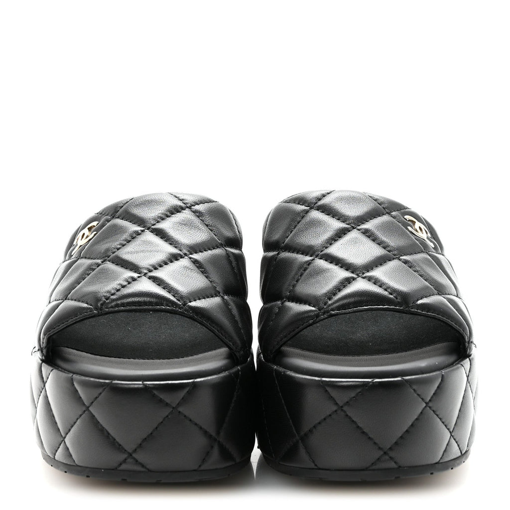 Lambskin Quilted CC Mules Wedge Sandals 39 Black