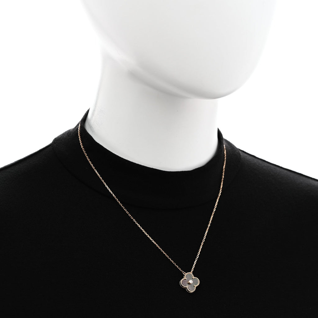 18K Rose Gold Diamond Grey Mother of Pearl Vintage Alhambra Pendant Necklace