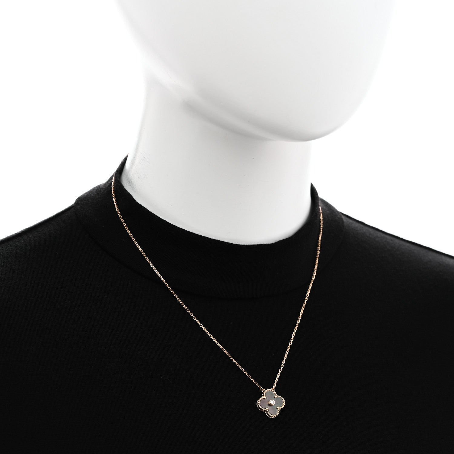 18K Rose Gold Diamond Grey Mother of Pearl Vintage Alhambra Pendant Necklace