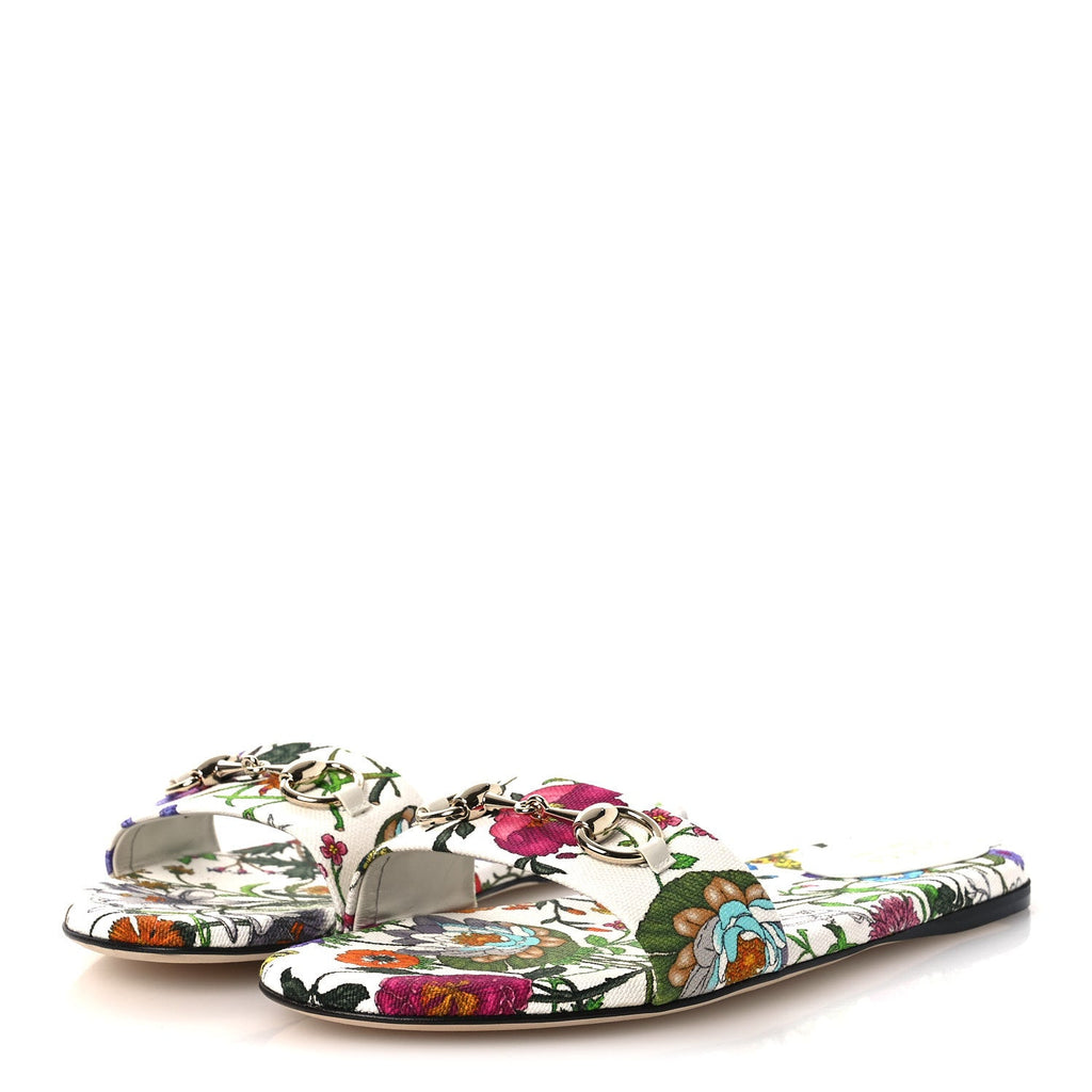 Canvas Flora Print Horsebit Slide Sandals 38 White