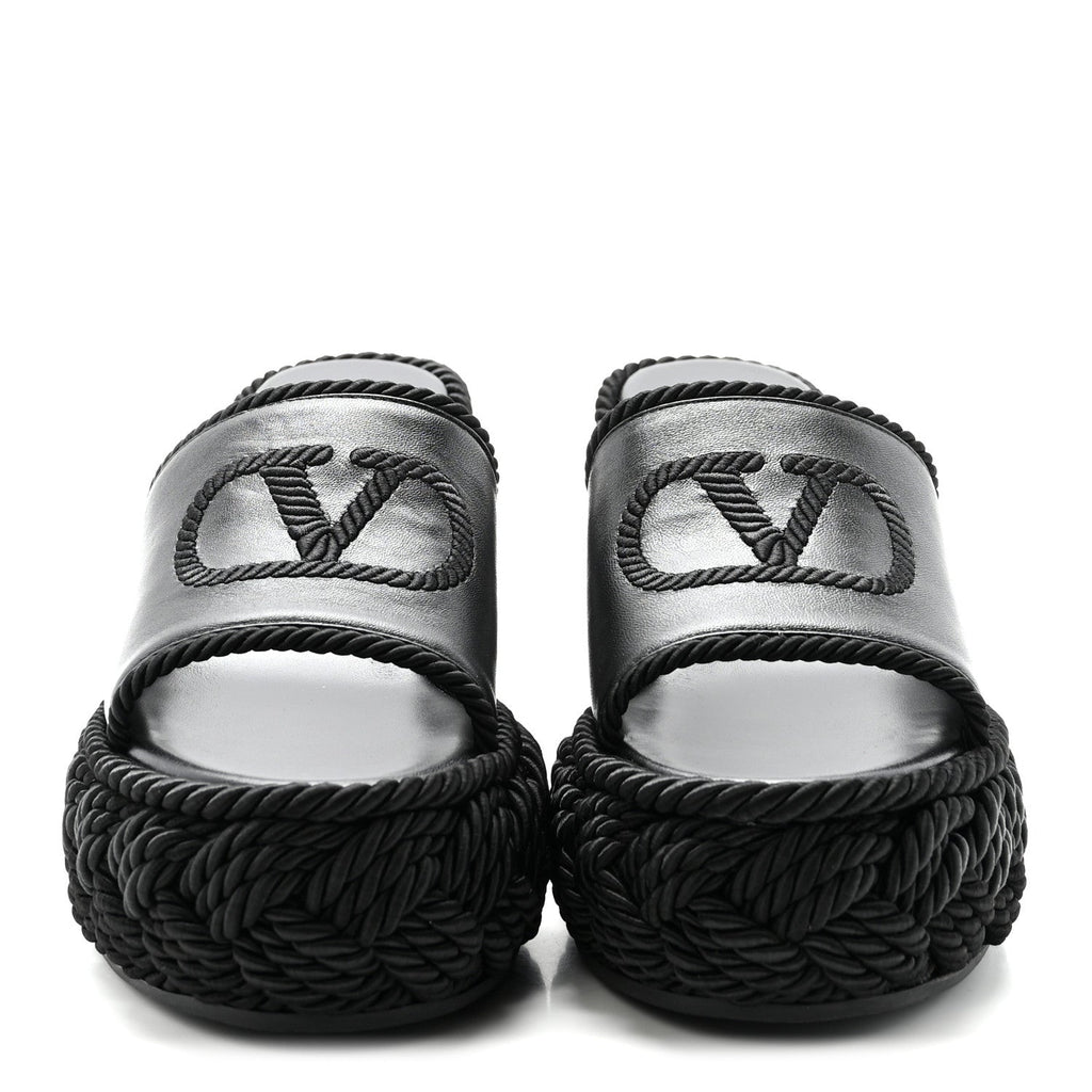 Calfskin Silk Torchon Vlogo Platform Espadrille 100 Wedge Sandals 39 Black